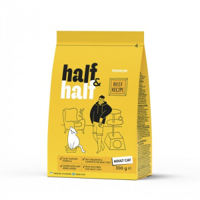 Сухий корм Half&Half для дорослих котів, з яловичиною, 300 г Сухий корм Half&Half для дорослих котів, з яловичиною, 300 г
