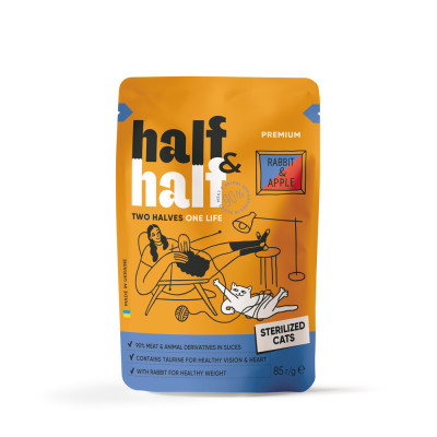 Корм вологий Half&Half для стерилізованих котів з кроликом та яблуком в желе 85 г Корм вологий Half&Half для стерилізованих котів з кроликом та яблуком в желе 85 г
