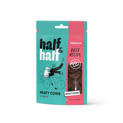 Ласощі для собак Half&Half у формі м'ясних монеток з яловичиною, 100 г Ласощі для собак Half&Half у формі м'ясних монеток з яловичиною, 100 г