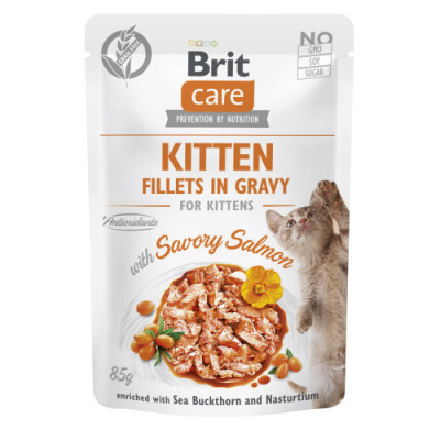 Корм вологий для кошенят Brit Care Cat Fillets in Gravy with Savory Salmon філе в соусі з лососем, пауч, 85 г Корм вологий для кошенят Brit Care Cat Fillets in Gravy with Savory Salmon філе в соусі з лососем, пауч, 85 г