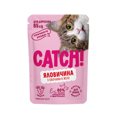 Корм вологий Catch! для дороcлих котів з яловичиною та овочами в желе 85 г Корм вологий Catch! для дороcлих котів з яловичиною та овочами в желе 85 г
