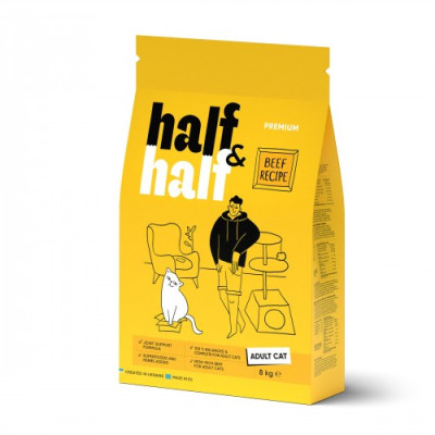 Сухий корм Half&Half для дорослих котів, з яловичиною, 8 кг Сухий корм Half&Half для дорослих котів, з яловичиною, 8 кг