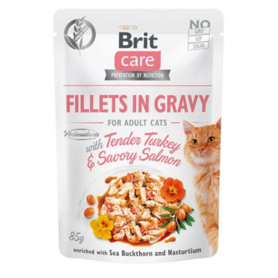 Вологий корм Brit Care Cat Pouch для котів, філе в соусі, ніжна індичка і пікантний лосось, 85 г Вологий корм Brit Care Cat Pouch для котів, філе в соусі, ніжна індичка і пікантний лосось, 85 г