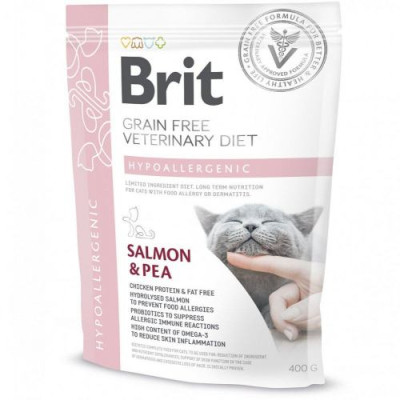 Сухий корм Brit GF VetDiet Cat Hypoallergenic для котів, з харчовою алергією та непереносимістю, з лососем та горохом, 400 г Сухий корм Brit GF VetDiet Cat Hypoallergenic для котів, з харчовою алергією та непереносимістю, з лососем та горохом, 400 г