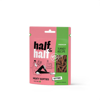 Ласощі для кошенят Half&Half у формі м'ясних шматочків з індичкою, 50 г Ласощі для кошенят Half&Half у формі м'ясних шматочків з індичкою, 50 г