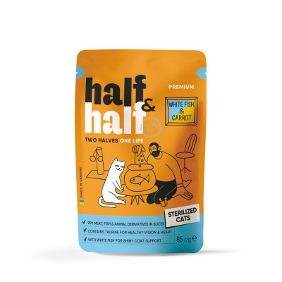 Корм вологий Half&Half для стерилізованих котів з білою рибою та морквою в соусі 85 г Корм вологий Half&Half для стерилізованих котів з білою рибою та морквою в соусі 85 г