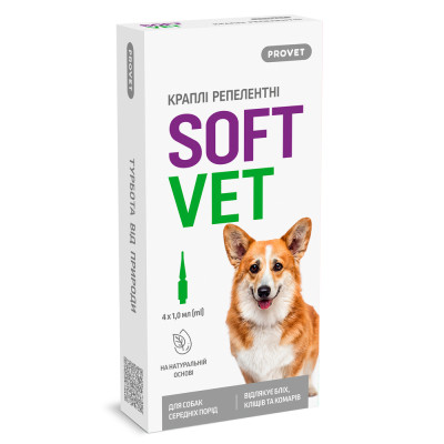 Краплі Provet SOFTVET для собак середніх порід репелентні 4 піпетки по 1 мл Краплі Provet SOFTVET для собак середніх порід репелентні 4 піпетки по 1 мл