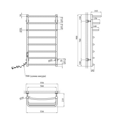 Сушарка для рушників електрична Kroner KRP Prima EL900x500-8 Сушарка для рушників електрична Kroner KRP Prima EL900x500-8