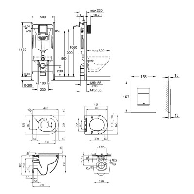 Комплект 4 в 1: Інсталяція Grohe Solido 2 в 1 38971000 + Панель змиву для унітаза Grohe Even Black 38966KV0 + Унітаз безободковий Kroner Harz WHI493736 RIMLESS з сидінням Slim Duroplast / Soft-close / Quick relase KH493736WHIR (38971966KV0KH49R)
