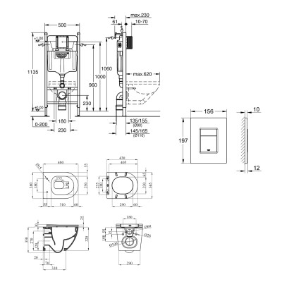 Комплект 4 в 1: Інсталяція Grohe Solido 2 в 1 38971000 + Панель змиву для унітаза Grohe Even Black 38966KV0 + Унітаз безобідковий Kroner Harz WHI483632 TORNADO з сидінням Slim Duroplast / Soft-close / Quick relase KH483632WHIT (38971966KV0KH48T)