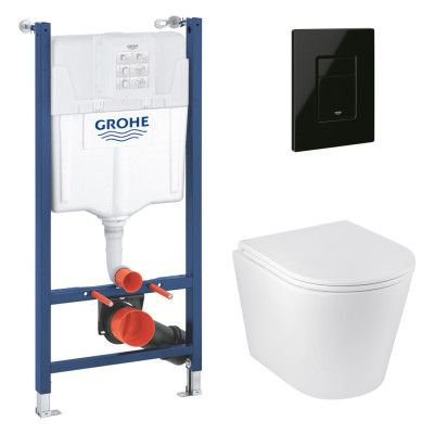 Комплект 4 в 1: Інсталяція Grohe Solido 2 в 1 38971000 + Панель змиву для унітаза Even Black 38966KV0 + Унітаз підвісний безобідковий Kroner Armada WHI513636 TORNADO (38971966KV0KA51T)