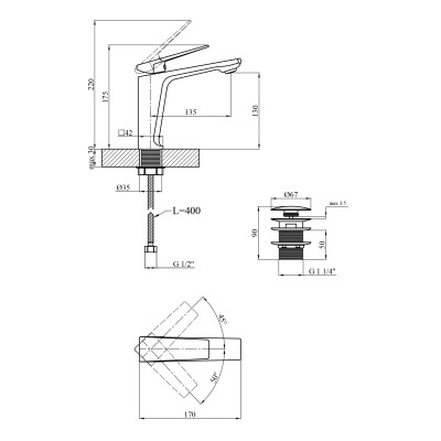 Змішувач для раковини Kroner KRP Ersel - C0111BV з донним клапаном