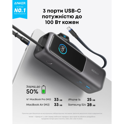 Портативний зарядний пристрій Anker 25000 mAh 165W PD Built-In Double USB-C Cables Black (7133683) Портативний зарядний пристрій Anker 25000 mAh 165W PD Built-In Double USB-C Cables Black (7133683)