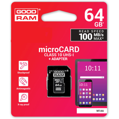 Карта пам'яті GoodRam microSDXC 64GB Class 10 UHS I (M1AA-0640R12) + SD адаптер (6475884) Карта пам'яті GoodRam microSDXC 64GB Class 10 UHS I (M1AA-0640R12) + SD адаптер (6475884)