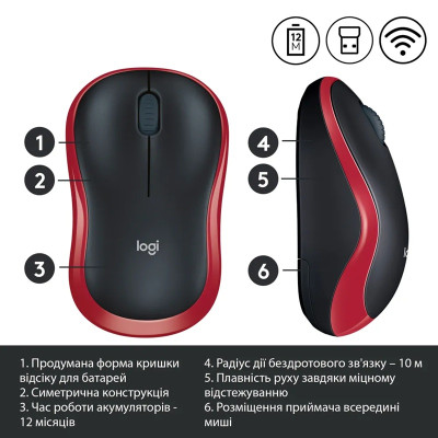 Миша Logitech Wireless Mouse M185 RED - EWR2 (910-002237) (7196815)